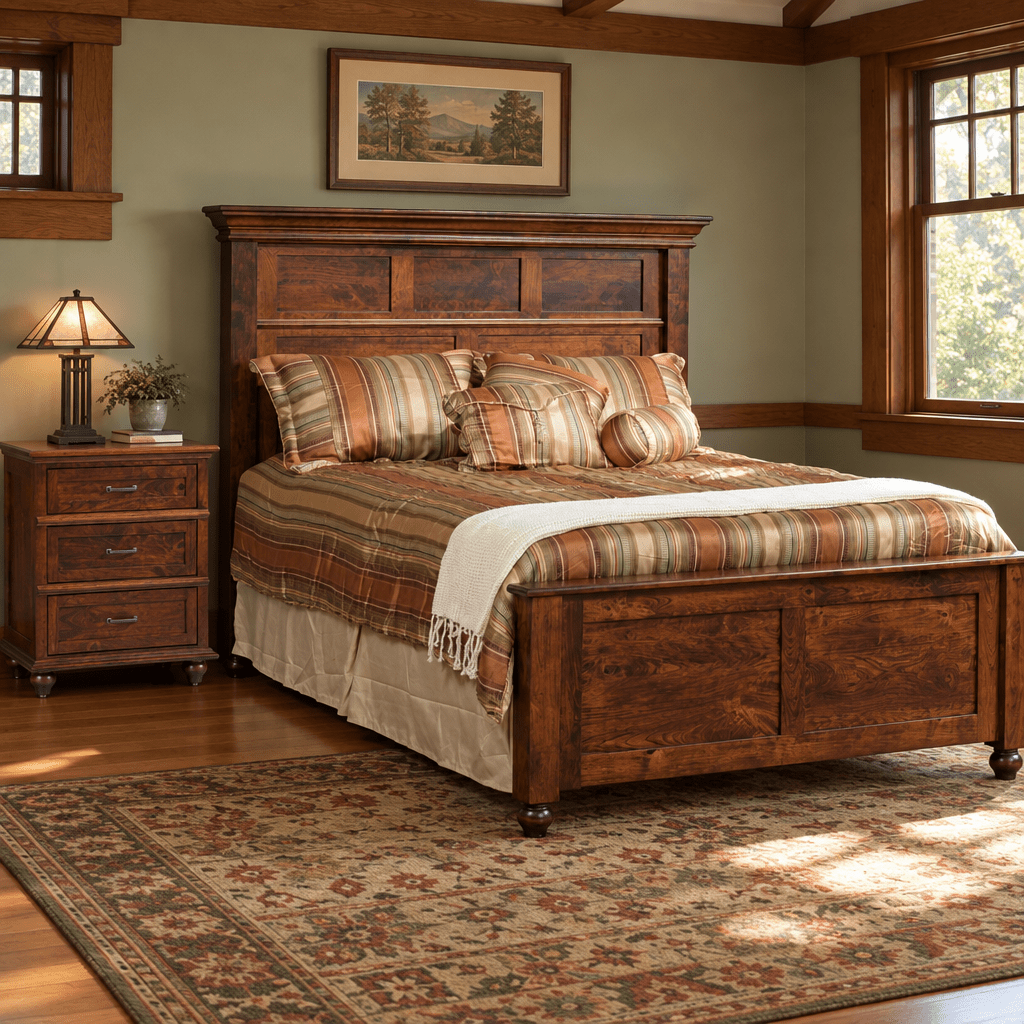 Amish Solid Wood West Point Panel Bed shown in the bedroom of a craftsman bungalow home