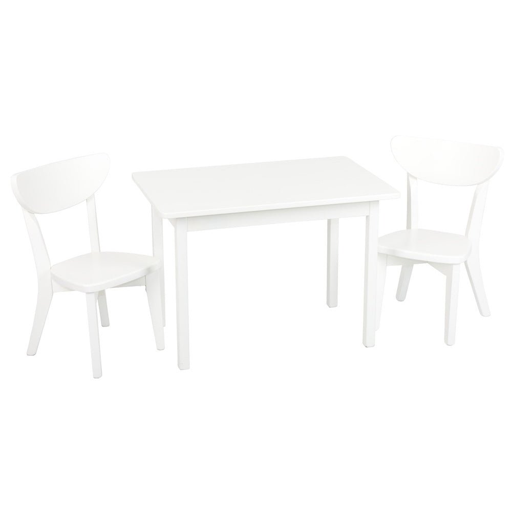 White rectangular kid's table with two curved-back Seymour chairs on either side, studio shot on white