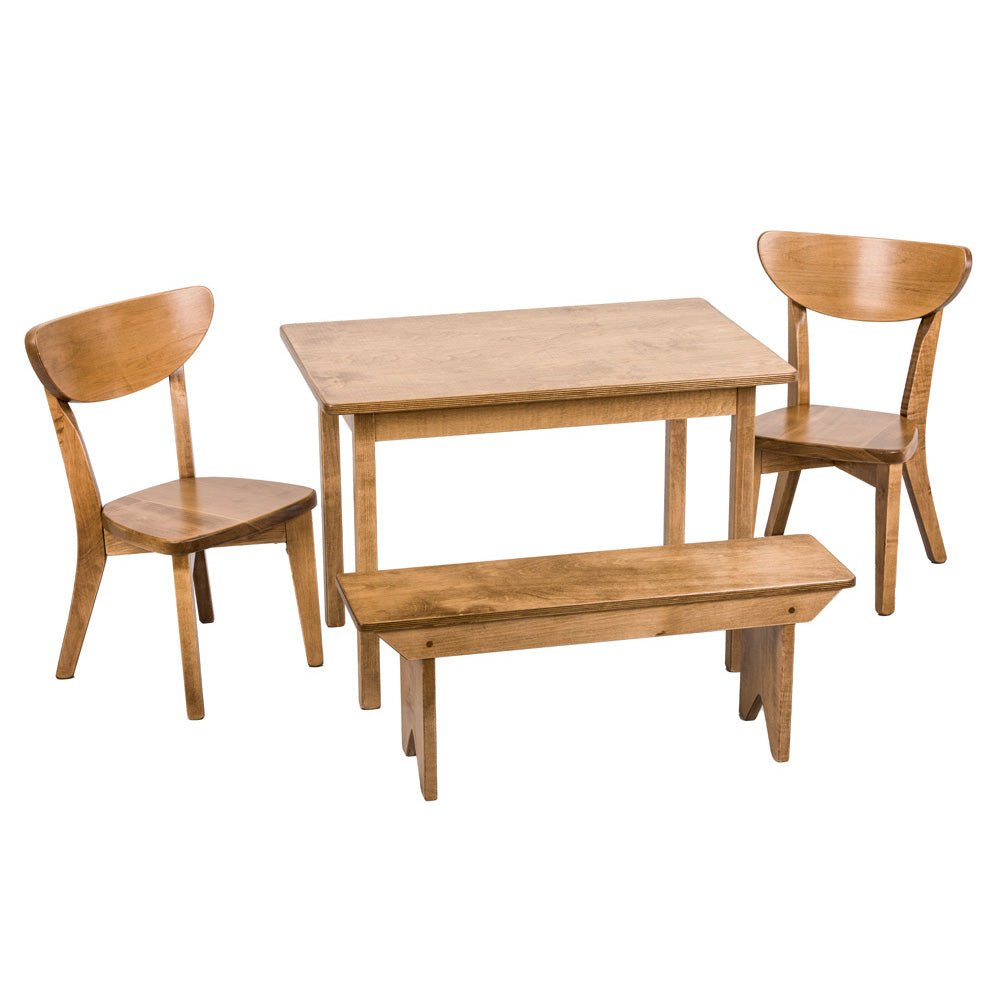 White square kid's table set with four curved-back chairs featuring dark espresso stained seats