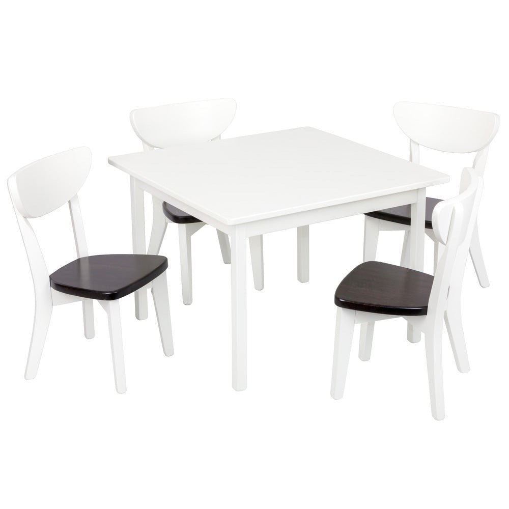 White square kid's table set with four curved-back chairs featuring dark espresso stained seats