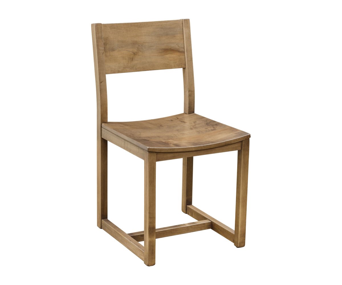 Minimalist solid wood dining chair with a straight panel back, scooped seat and squared sled style legs on a white background