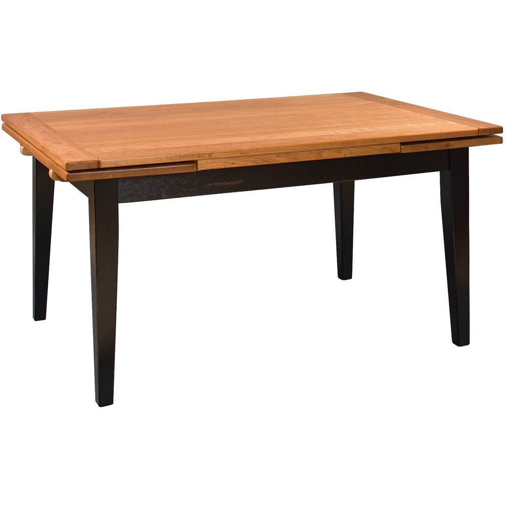 Draw leaf dining table with a natural cherry top and black painted tapered legs on a white background