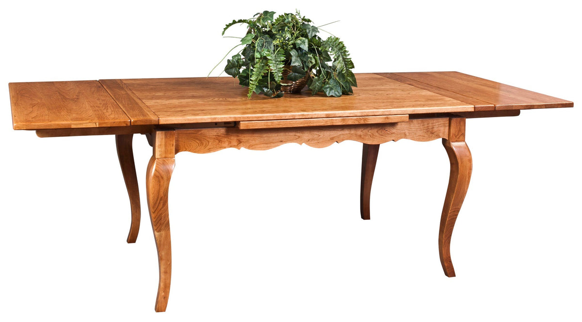 Cherry draw leaf table shown fully extended with both leaves out, scalloped apron and curved cabriole legs