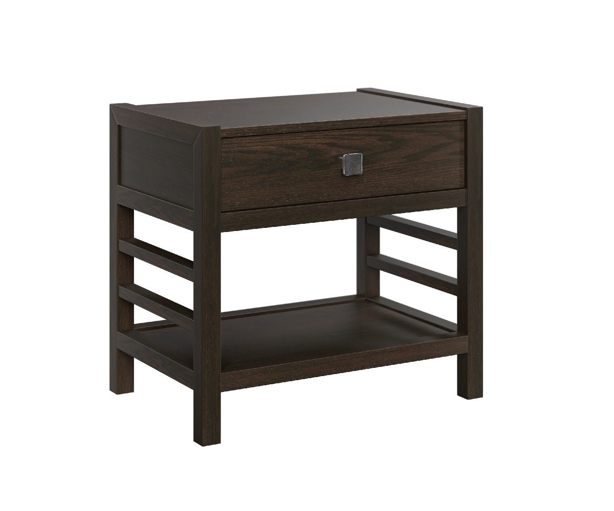 Open nightstand in dark brown oak with one drawer, slatted side rails and a bottom display shelf on square legs