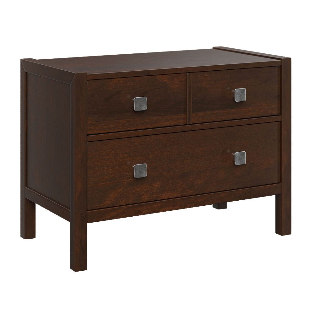 Wide three-drawer bedroom chest in brown wood with two small top drawers, one deep drawer and square pewter knobs
