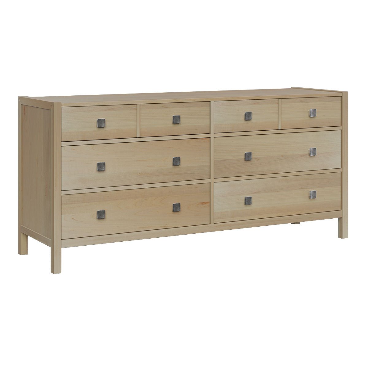 Eight-drawer dresser in a light natural maple finish with square pewter knobs and straight square legs on white