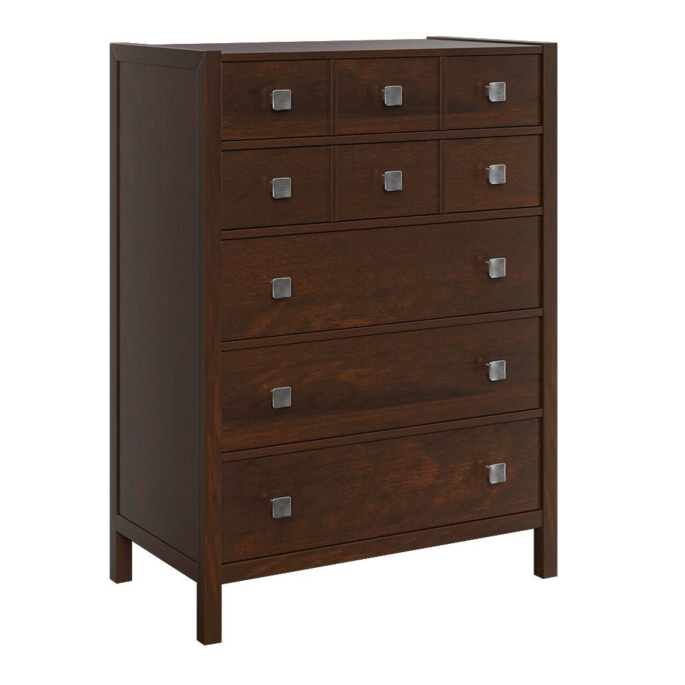 Nine-drawer tall chest in warm brown wood with square pewter knobs, six small upper drawers and three deep lower drawers