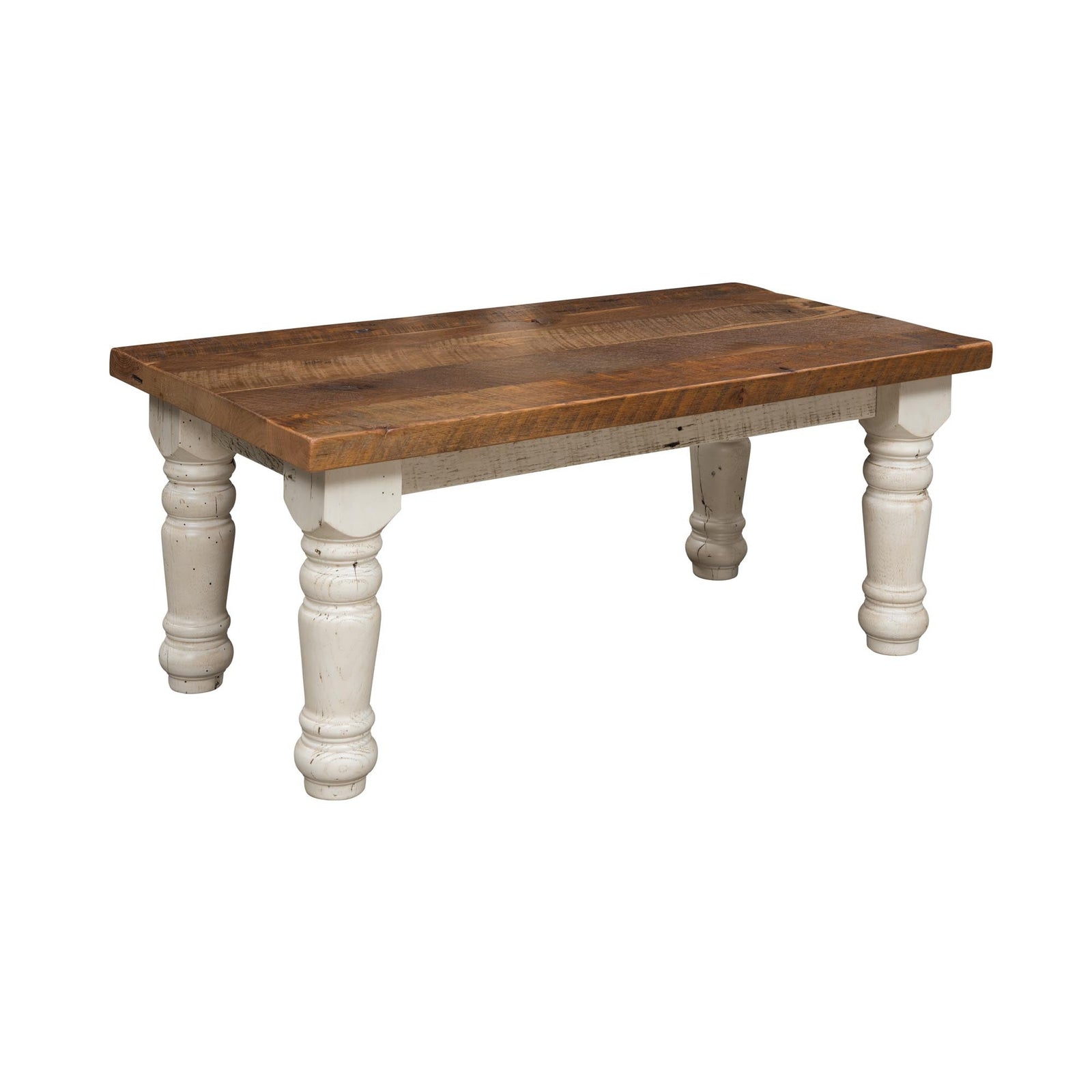 Reclaimed wood coffee table with a warm plank top on four chunky turned legs in a distressed white finish