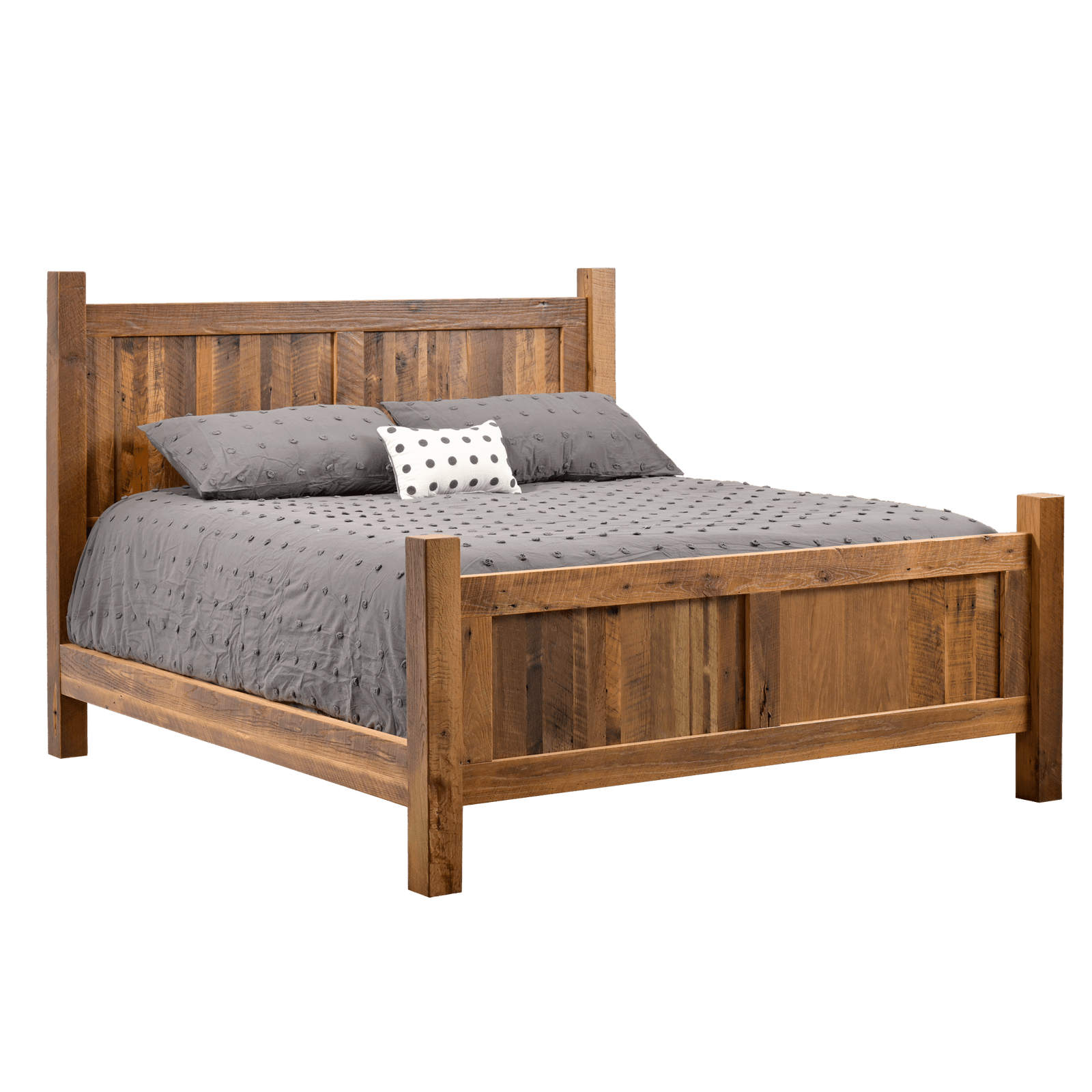 Plank panel bed in reclaimed wood styled with neutral linens, knit throw and brass wall sconces in a calm bedroom