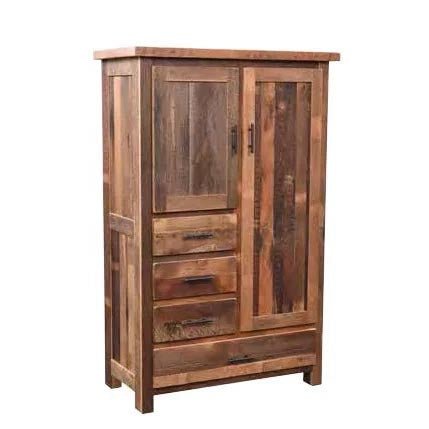 Reclaimed barnwood armoire with two paneled doors, four drawers and black bar pulls on a gray background