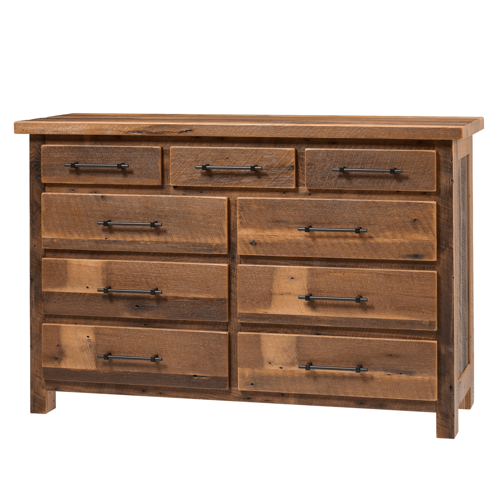 Nine-drawer reclaimed wood dresser with iron bar pulls, styled with a lamp, art and olive branches under a mirror
