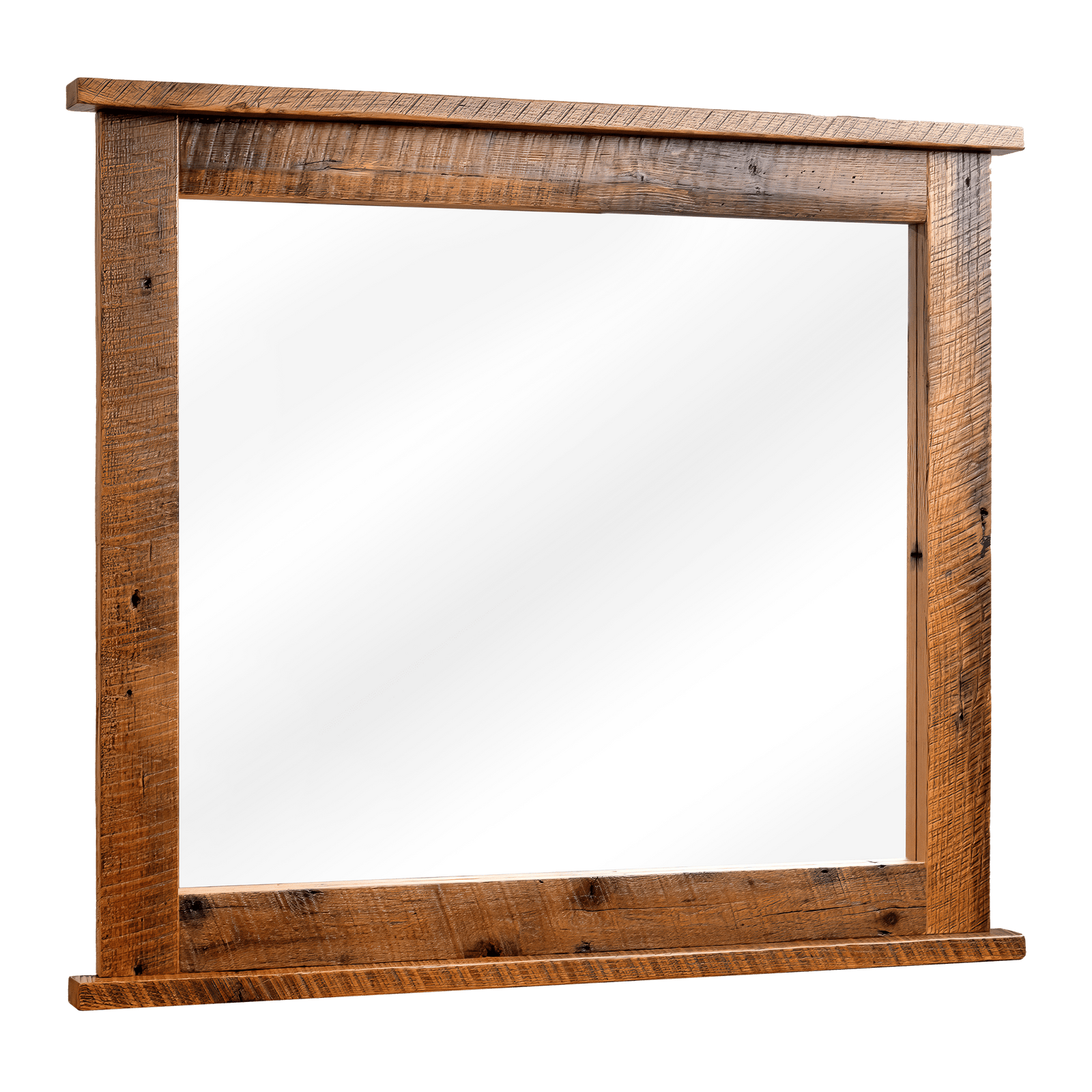 Wide dresser mirror with a thick rough-sawn reclaimed wood frame and bottom shelf ledge, on a white background