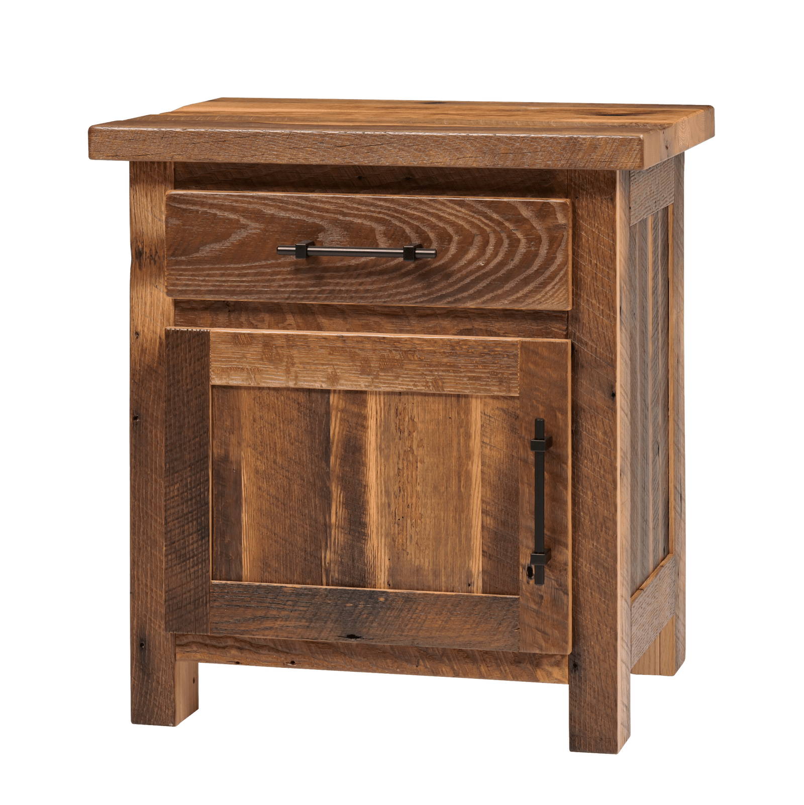 Barnwood nightstand with one drawer and a paneled door beside a plank bed in a loft with factory windows