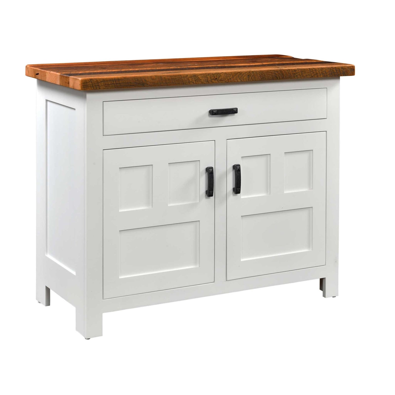 Two-door sideboard buffet in white with one wide drawer, black iron pulls and a reclaimed wood top