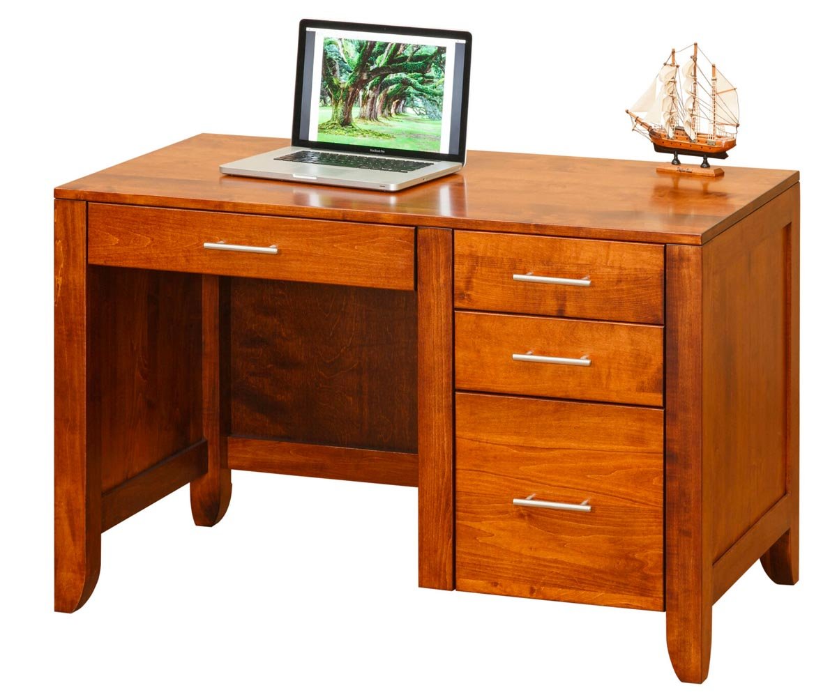Cherry study desk with a pencil drawer, three drawer pedestal and brushed bar pulls, staged with a laptop and ship model