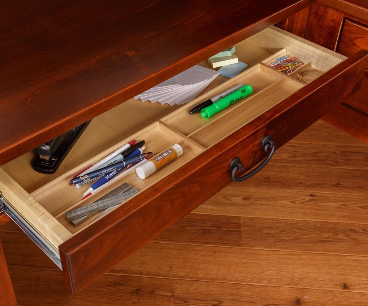 Amish Sugar Grove Mission Solid Wood L-Shaped Desk with Hutch - divided drawer detail