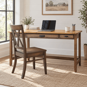 Amish Sugar Grove Mission Solid Wood Large Table Desk shown in the home office of a modern farmhouse home