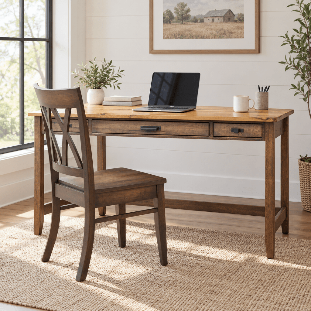 Amish Sugar Grove Mission Solid Wood Large Table Desk shown in the home office of a modern farmhouse home