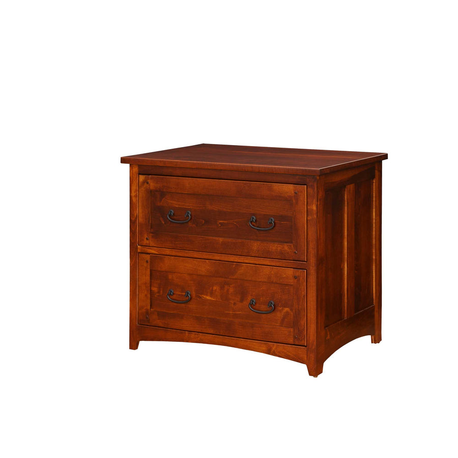 Two drawer lateral file cabinet in dark cherry with black bail pulls, paneled sides and curved apron