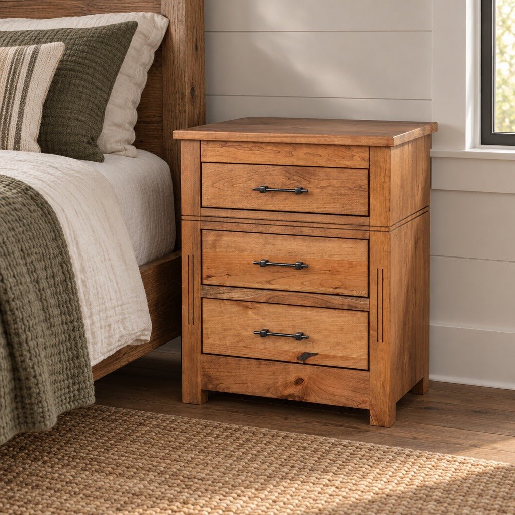 Amish Sugarcreek Rustic Farmhouse Solid Wood 3-Drawer Nightstand with Locking Slide-Out Top