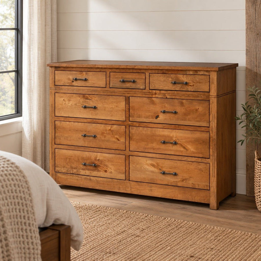 Amish Sugarcreek Rustic Farmhouse Solid Wood 62" 9-Drawer Dresser