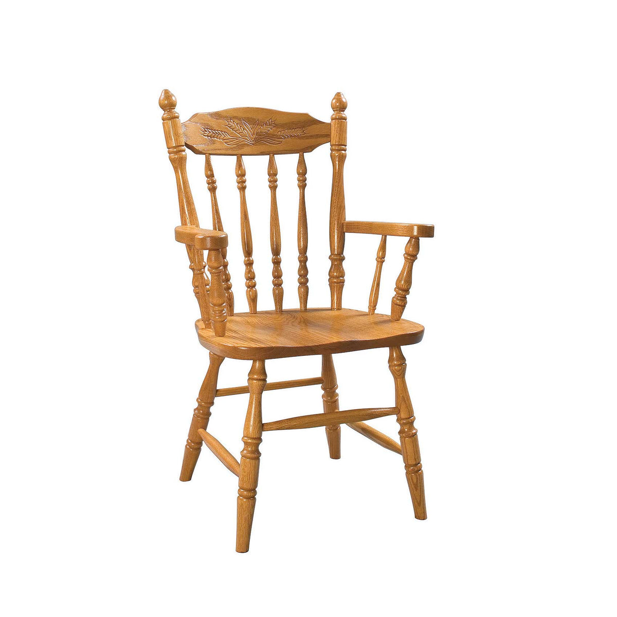 Oak Windsor arm chair with a wheat carved crest rail, turned spindles, shaped seat and flat arms, white background