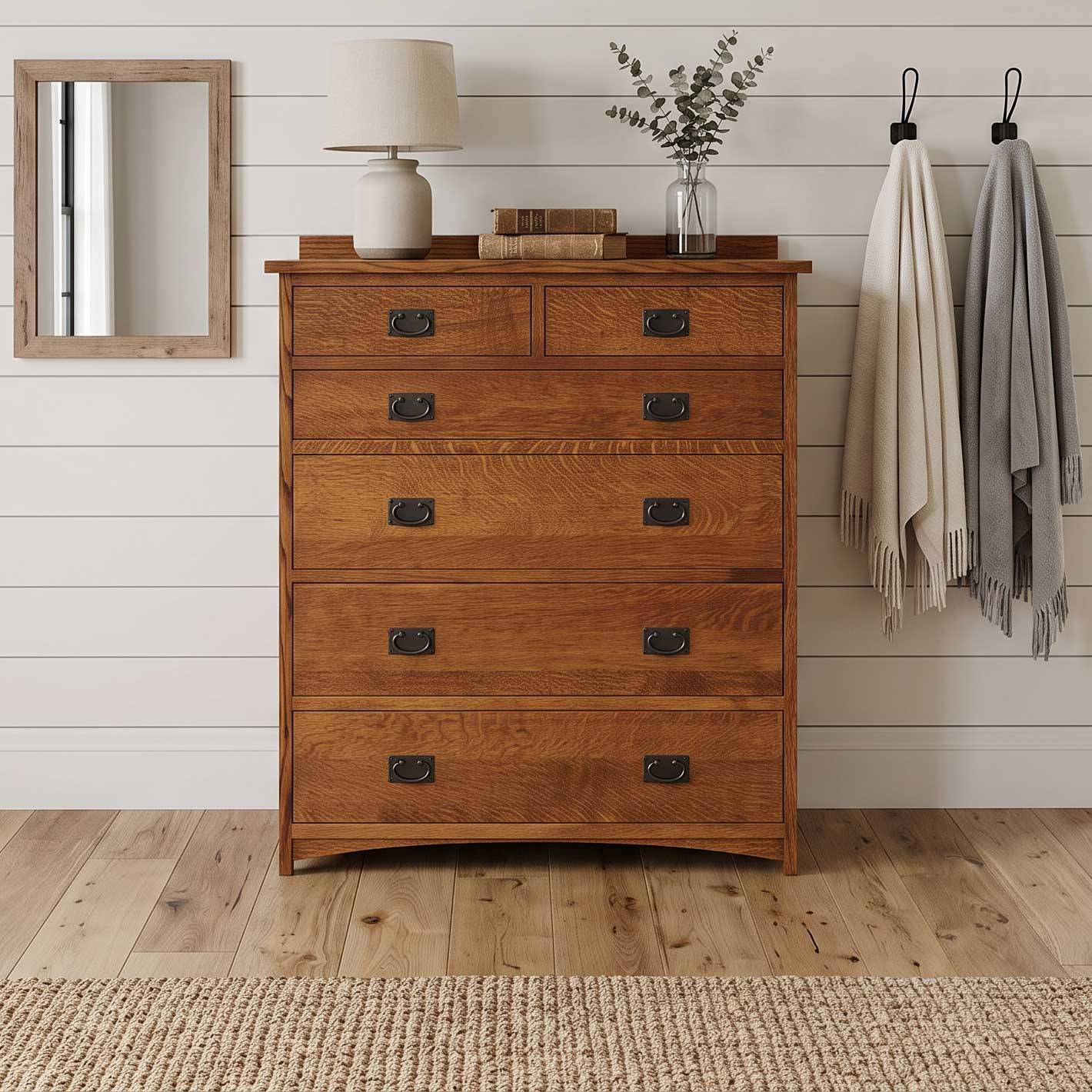 Amish Solid Wood Spanish Mission 6-Drawer Chest shown in the bedroom of a transitional home