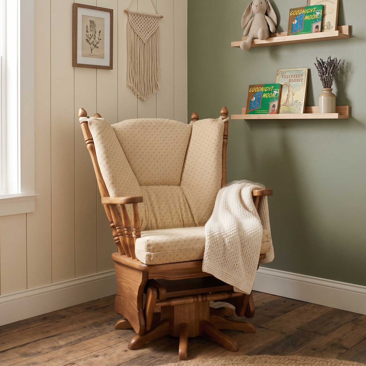 Amish Low Wing Back Swivel Glider Rocker with Cushion