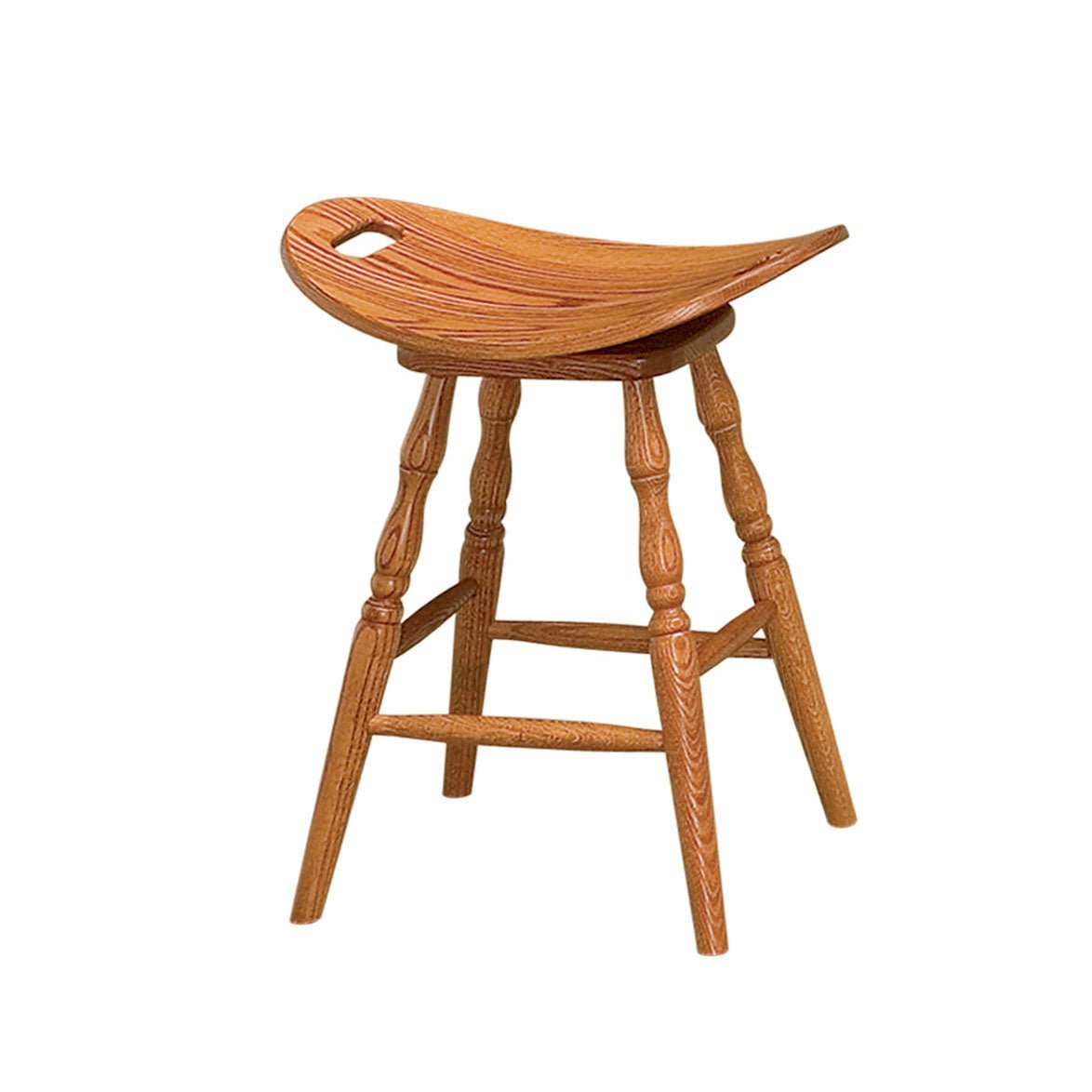 Swivel saddle bar stool in golden oak with a hand hold cutout seat and turned legs beside a cream painted kitchen island