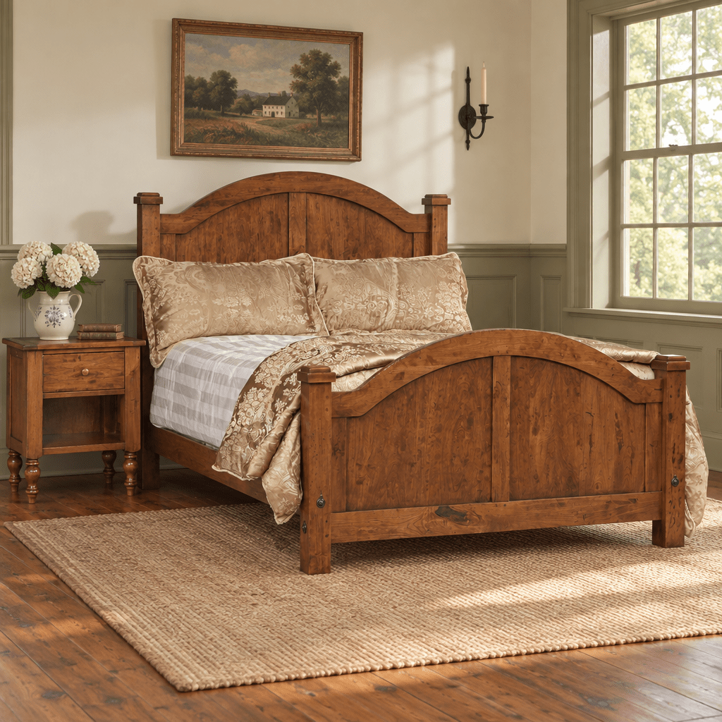 Amish Telluride Rustic Wood Arched Panel Bed shown in the bedroom of a traditional colonial home