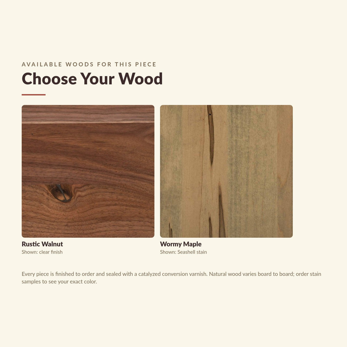 Available wood species close-up: rustic walnut, wormy maple