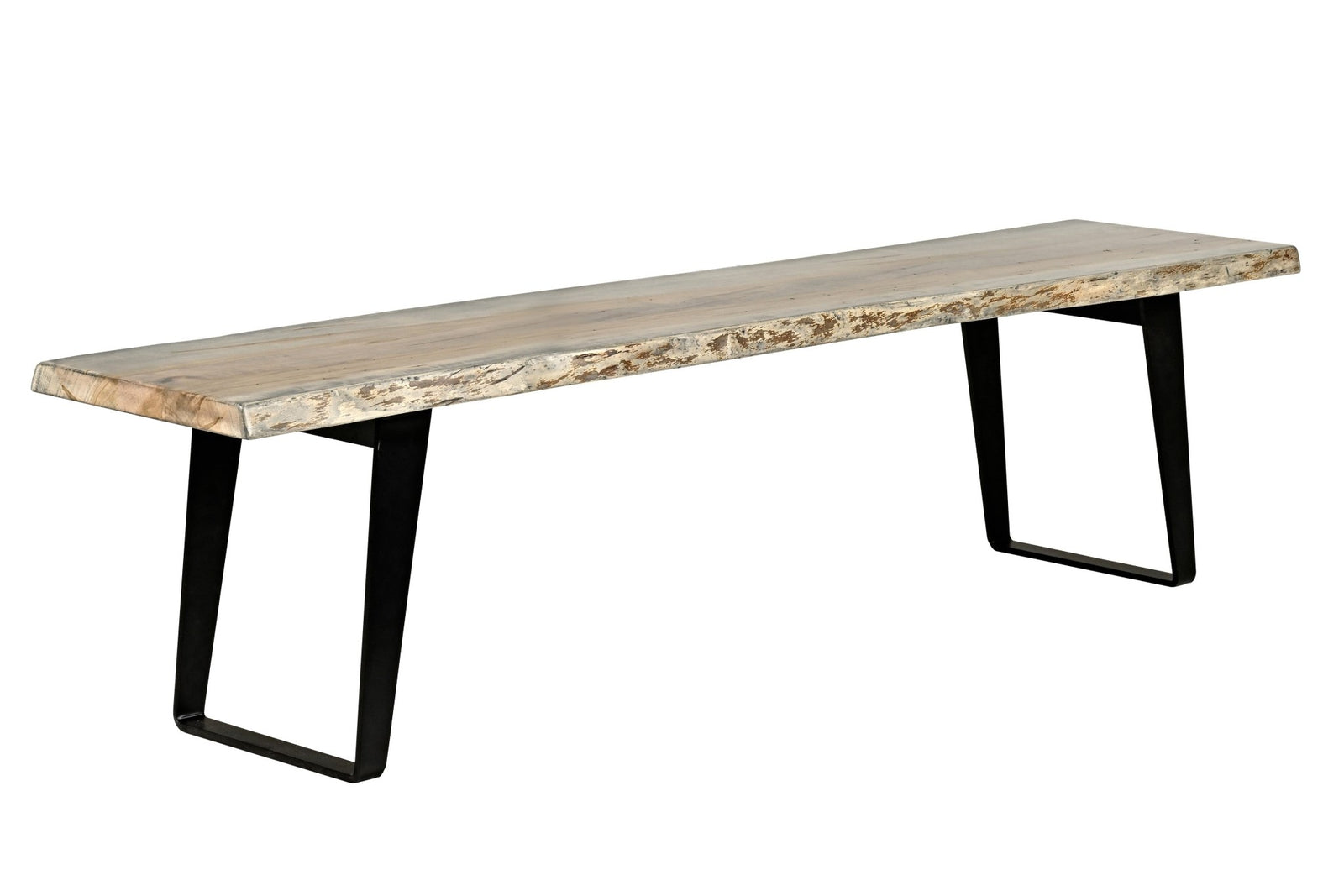 Live edge bench with a pale slab seat on black sled legs in front of a matching table and black Windsor chairs
