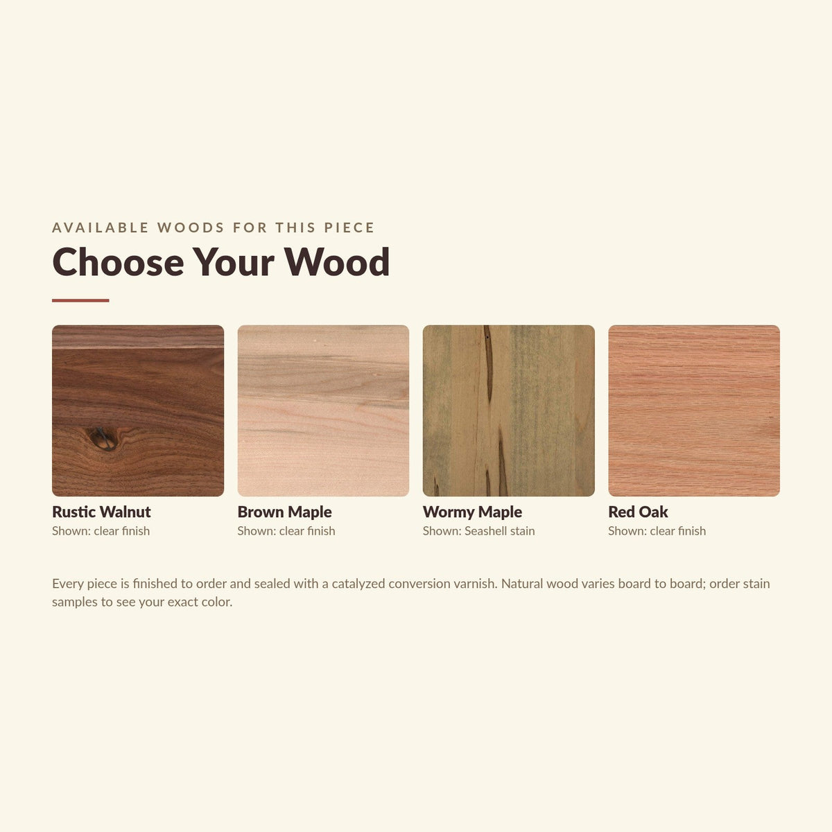 Available wood species close-up: rustic walnut, brown maple, wormy maple, red oak