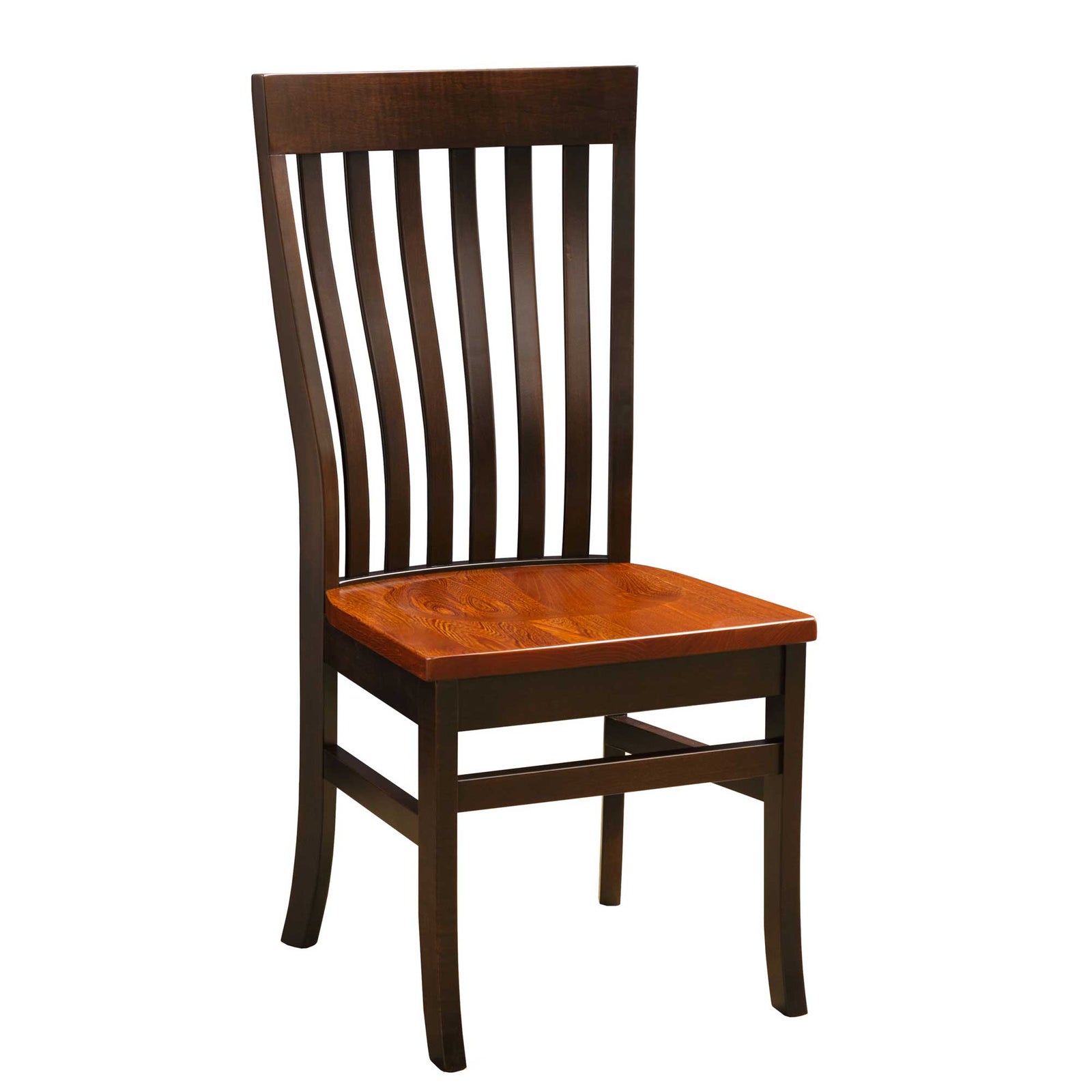 Two-tone dining chairs with black painted frames and cherry wood seats around a round pedestal table with fall florals