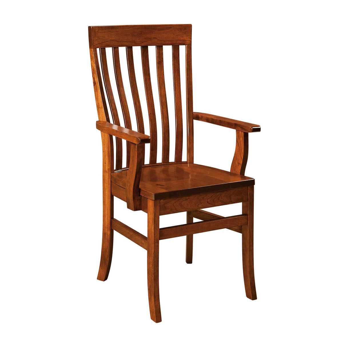 Cherry dining arm chair with a tall curved slat back, flat shaped arms and a solid saddle seat on a white background