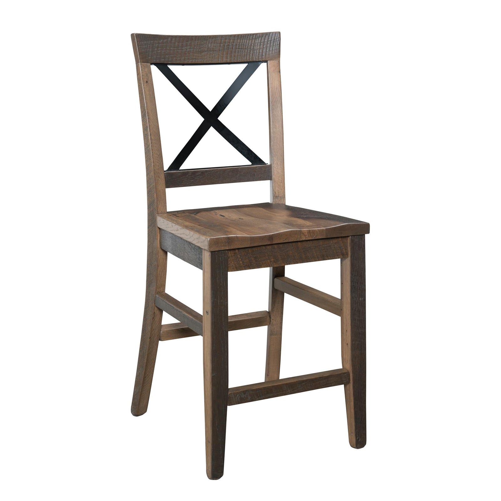 Reclaimed wood bar stool with black metal X back, saddle seat, tall tapered legs and footrest stretchers on a white background