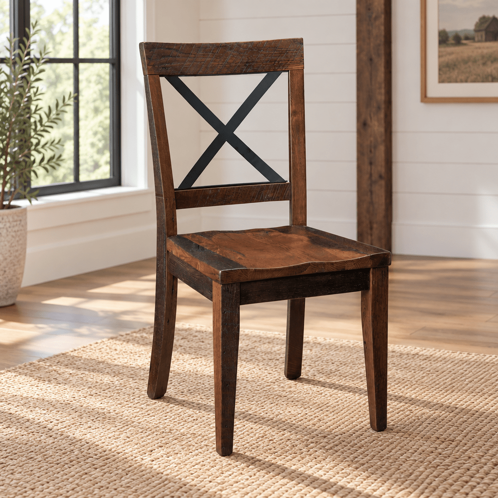 Amish Thorndon Reclaimed Wood Dining Chair shown in the dining room of a modern farmhouse home