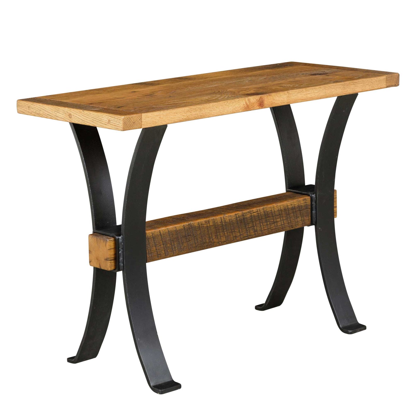 Narrow reclaimed wood console table with a natural oak top on curved black steel legs joined by a rough sawn beam
