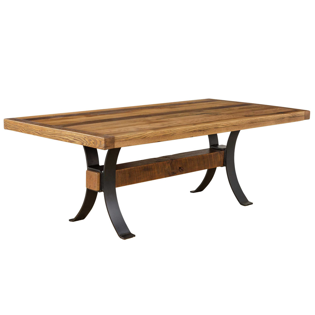 Reclaimed wood farm dining table with a light multi-tone plank top, arched black metal legs and pegged center beam