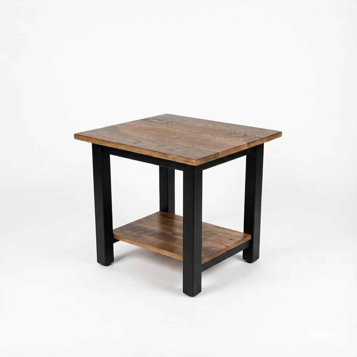Wooden side table with black legs on a white background