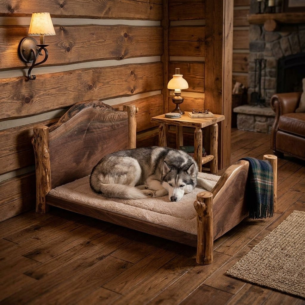 Amish Timberwolf Log Pet Bed with Cushion
