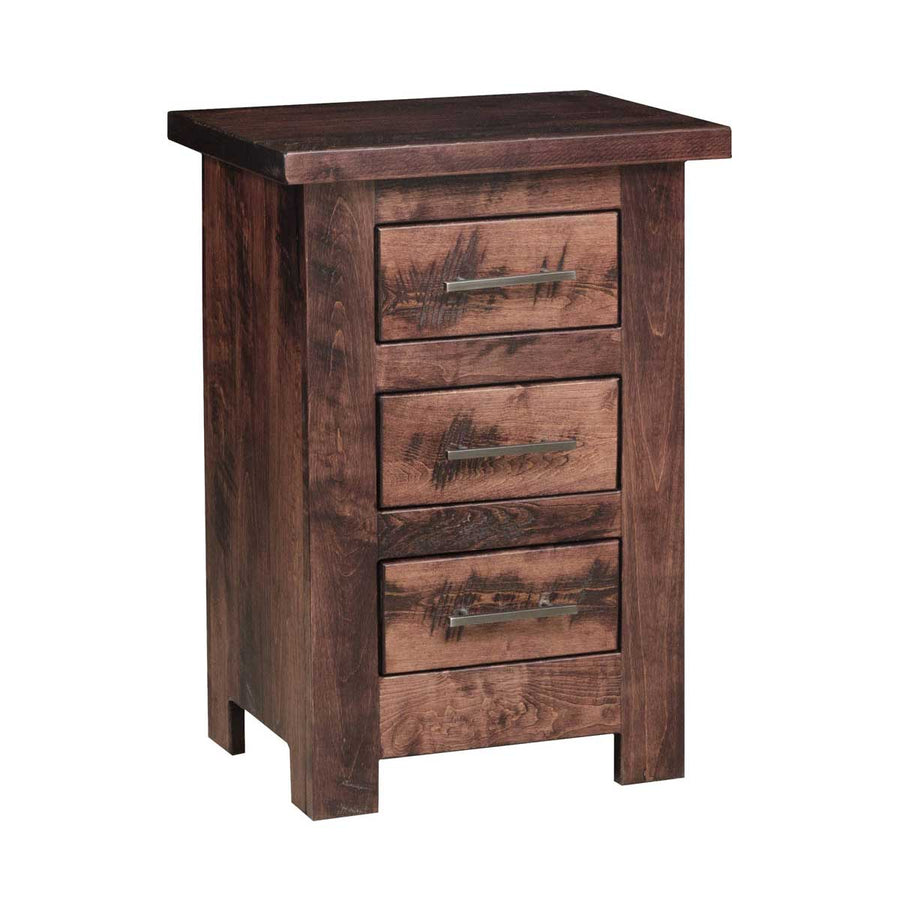 Small three-drawer nightstand in distressed brown wood with a thick plank top and long metal bar pulls