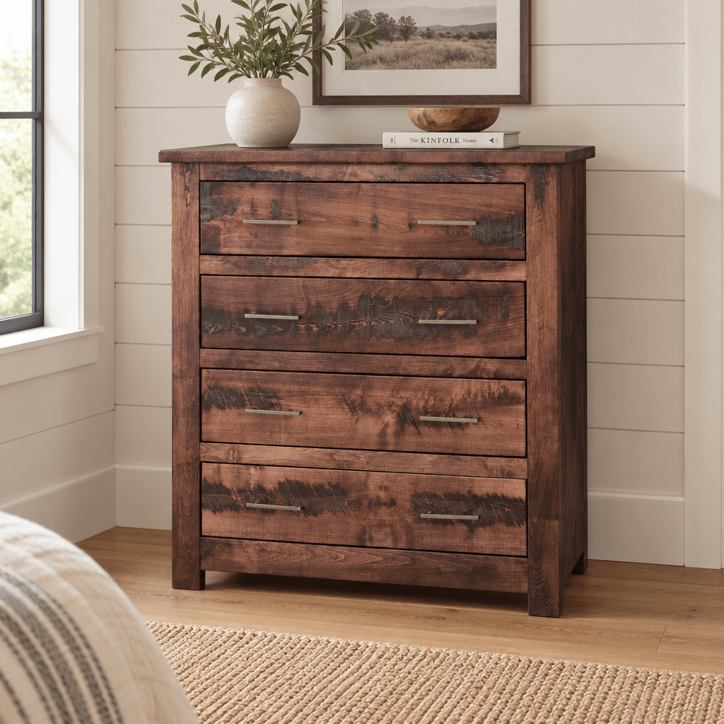 Amish Tioga Rustic 4 Drawer Chest of Drawers shown in the bedroom of a modern farmhouse home