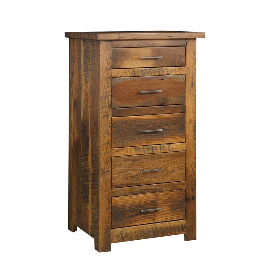 Narrow five-drawer lingerie chest in warm reclaimed oak with rough sawn sides and slim stainless bar pulls