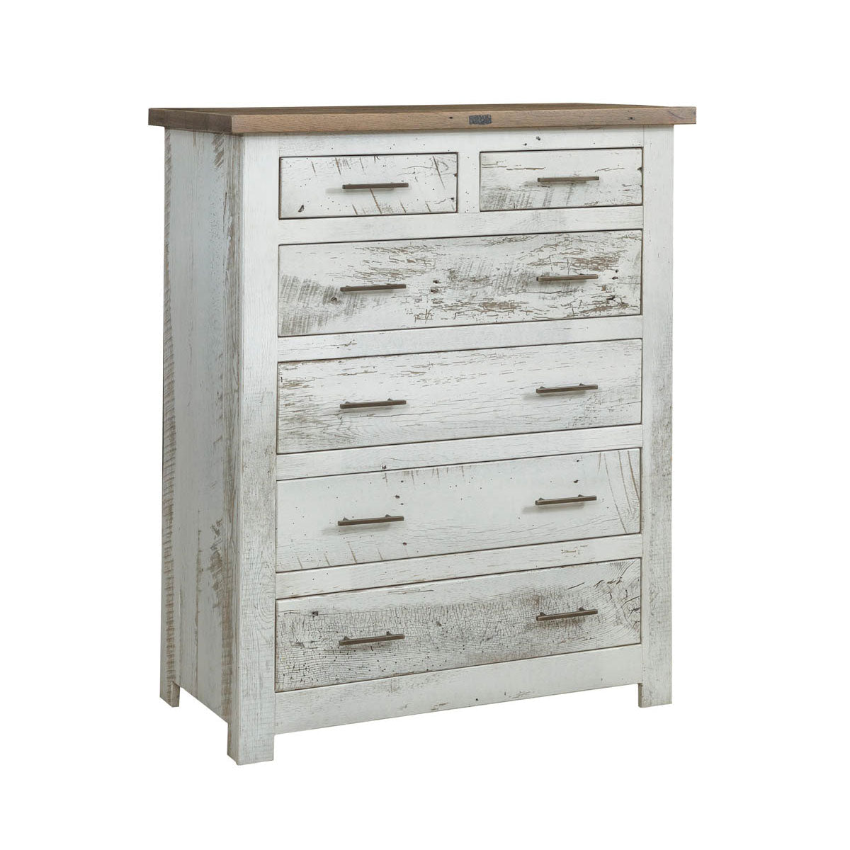Six-drawer tall chest in distressed white barnwood with a natural oak plank top and dark metal bar pulls