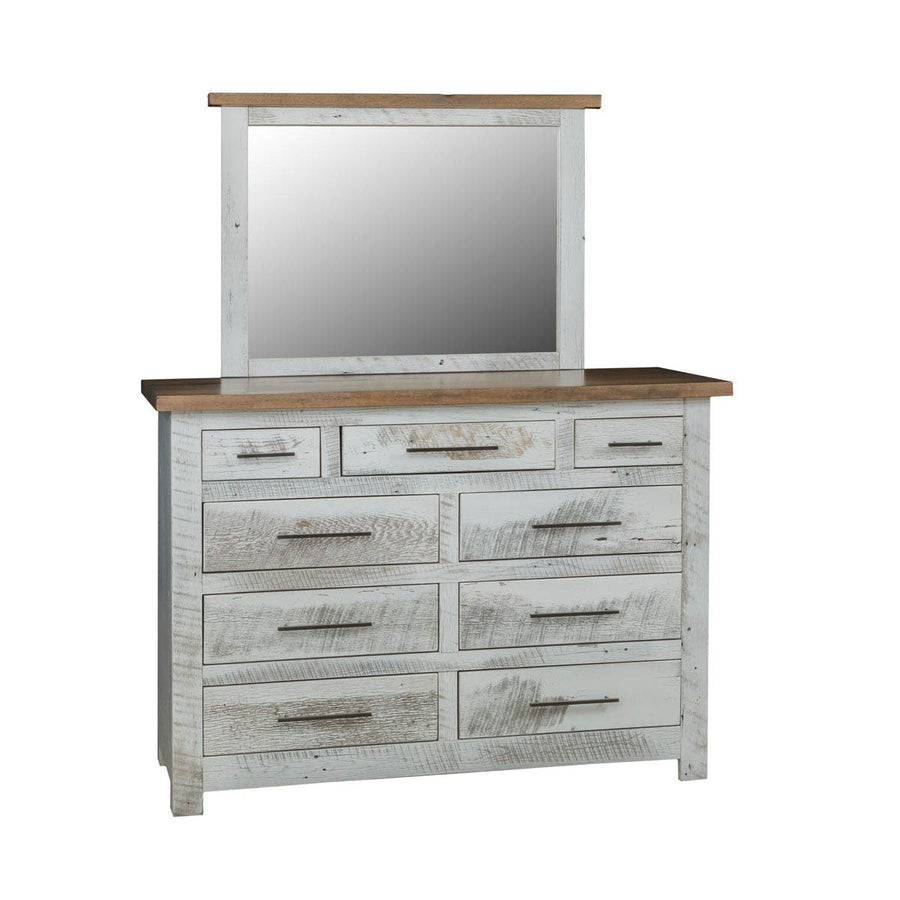 Nine-drawer high dresser in distressed white barnwood with a natural oak top and matching landscape mirror