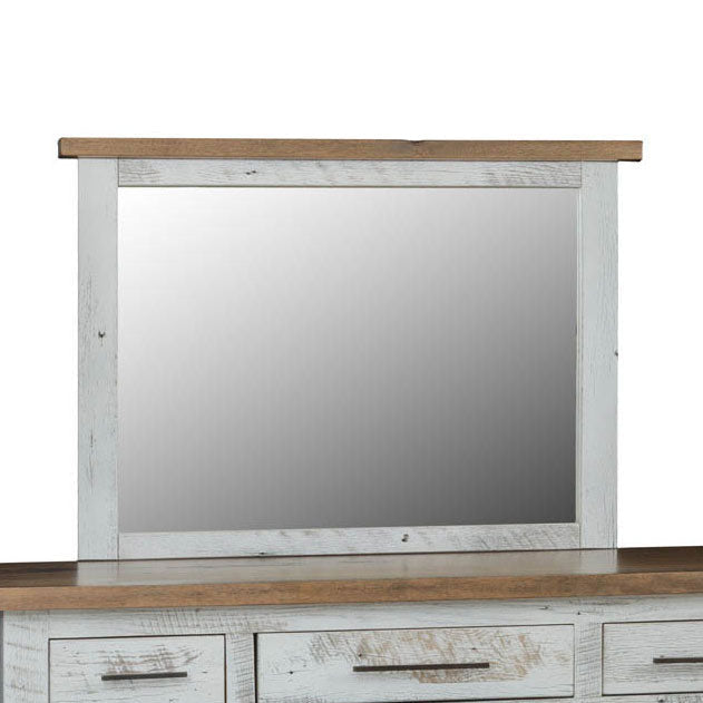 Wide landscape dresser mirror with a whitewashed barnwood frame and natural oak top cap above a white dresser