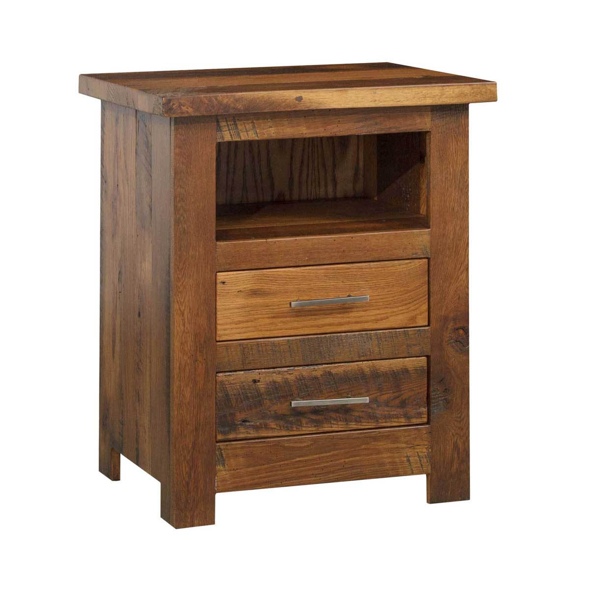 Open two-drawer nightstand in warm reclaimed oak with a top cubby shelf, plank top and stainless bar pulls