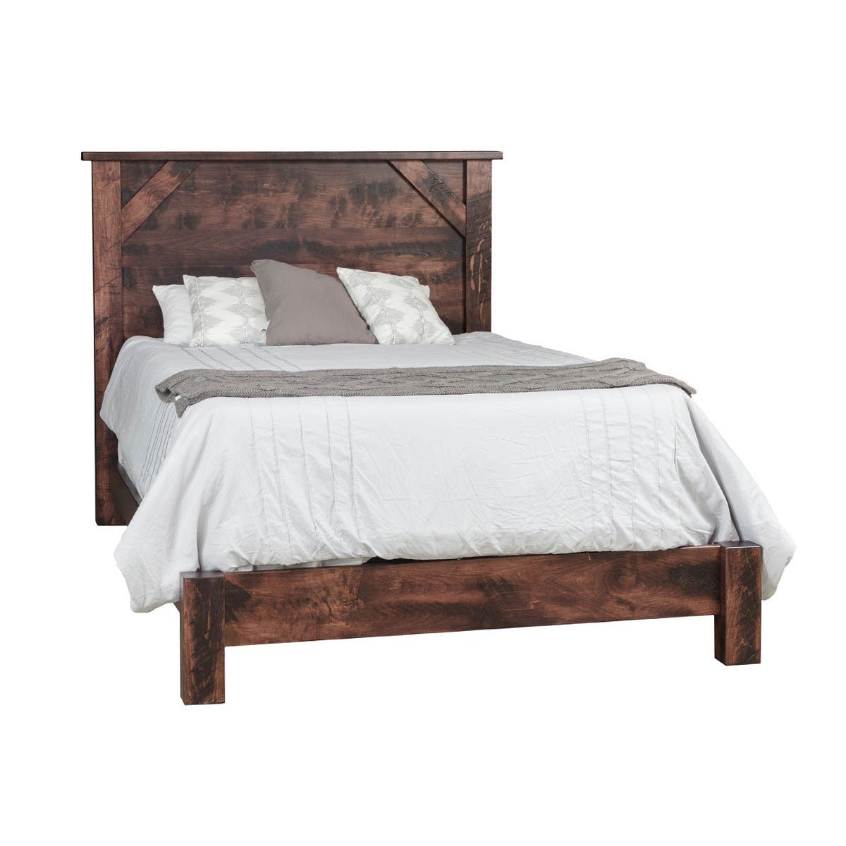 Distressed brown panel bed with a plank headboard, angled corner accents and low timber footboard rail on white