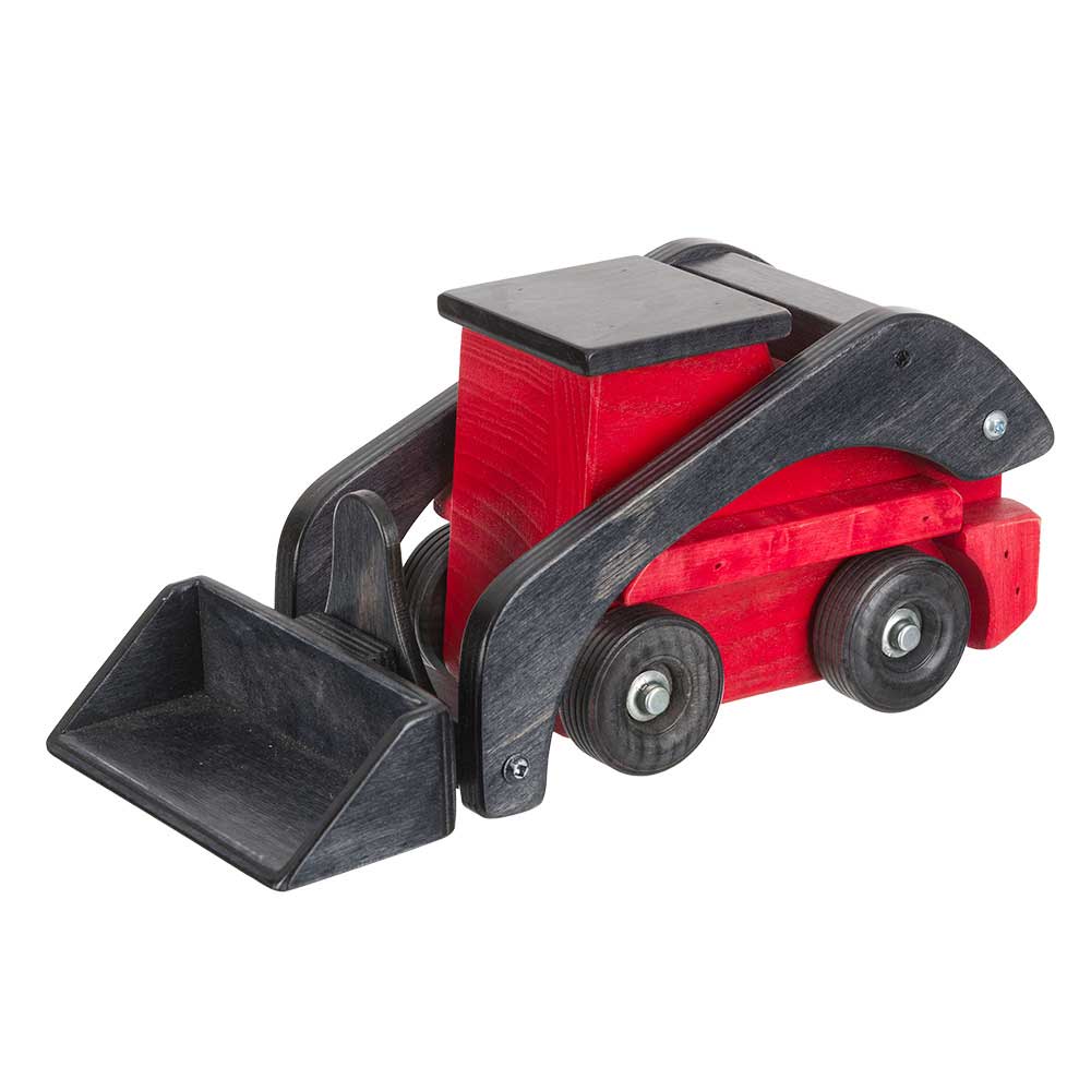 Wooden toy skid loader in a two-tone walnut and light wood finish, fitted with pallet forks and black wheels